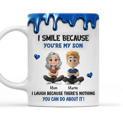 Custom Ceramic Mug with Sweet Funny Mom and Son Message, Cute Blue Drip Design, Thoughtful Unique Gift