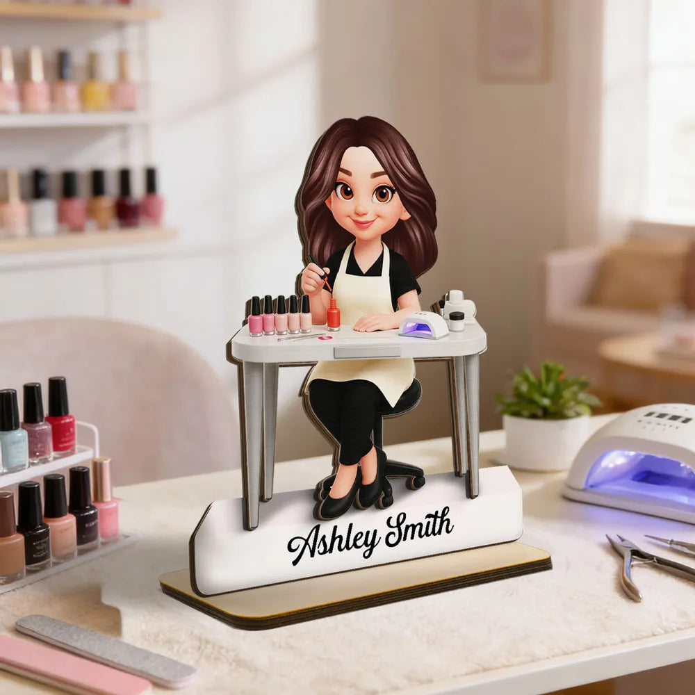 Personalized 2-Layer Wooden Plaque Nail Technician Desk Scene Cute Cartoon Style Unique Gift For Salon Workspaces