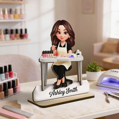 Personalized 2-Layer Wooden Plaque Nail Technician Desk Scene Cute Cartoon Style Unique Gift For Salon Workspaces