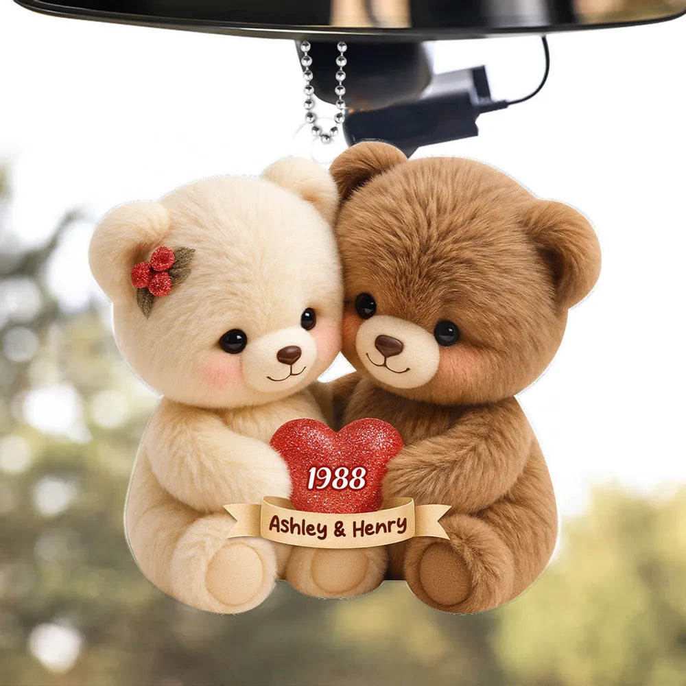 Personalized Acrylic Car Hanger with Cute Bear Couple – Custom Car Mirror Decor and Unique Romantic Gift for Couples