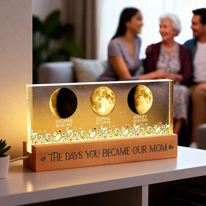 Personalized Block LED Light Plaque Moon Phases for Mom, The Days You Became Our Mom, Warm Night Light Gift