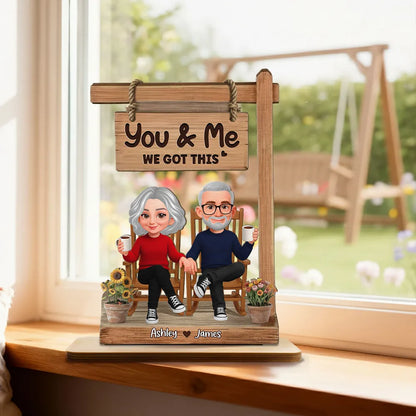 Personalized 2-Layer Wooden Plaque with Sitting Couple Holding Hands You & Me We Got This, Unique Romantic Gift
