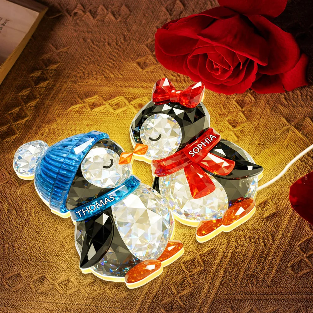 Custom Penguin Couple Acrylic Light Box with Names, Romantic LED Night Light Gift for Couples