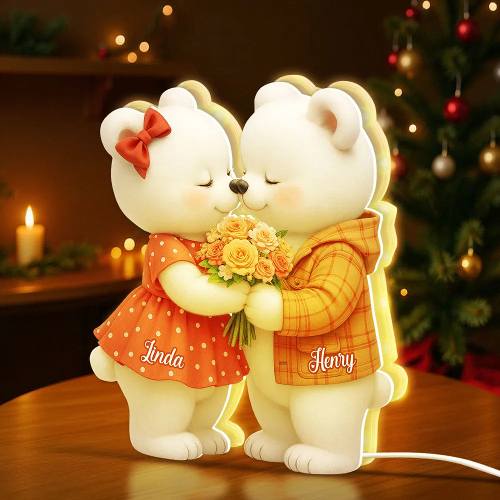 Personalized Acrylic Light Box with Kissing Bear Couple, Soft Warm Glow Romantic Bedroom Lamp, Unique Gift for Couples