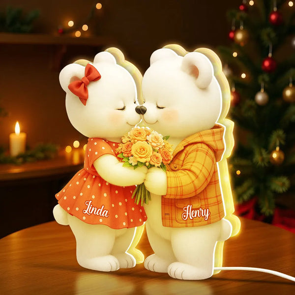Personalized Acrylic Light Box with Kissing Bear Couple, Soft Warm Glow Romantic Bedroom Lamp, Unique Gift for Couples