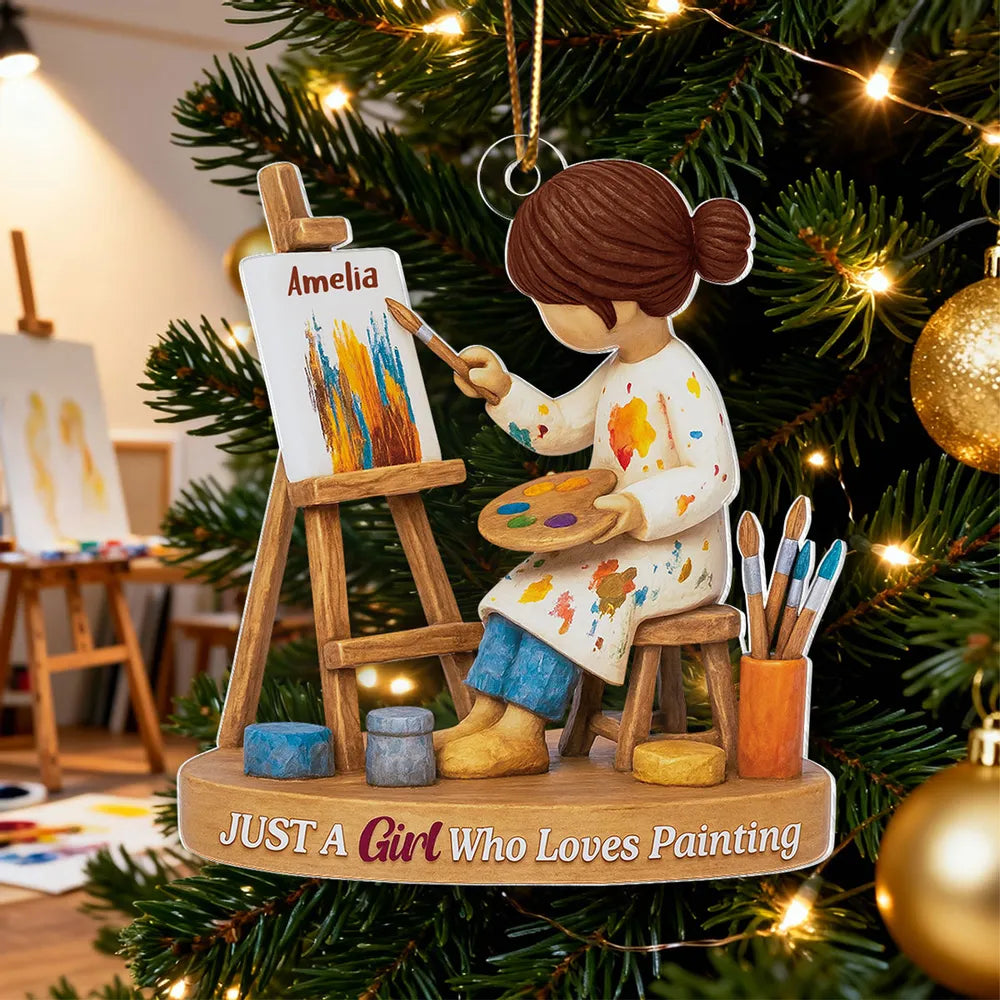 Personalized Acrylic Ornament, Girl Painting at an Easel, Unique Christmas Gift for Artist