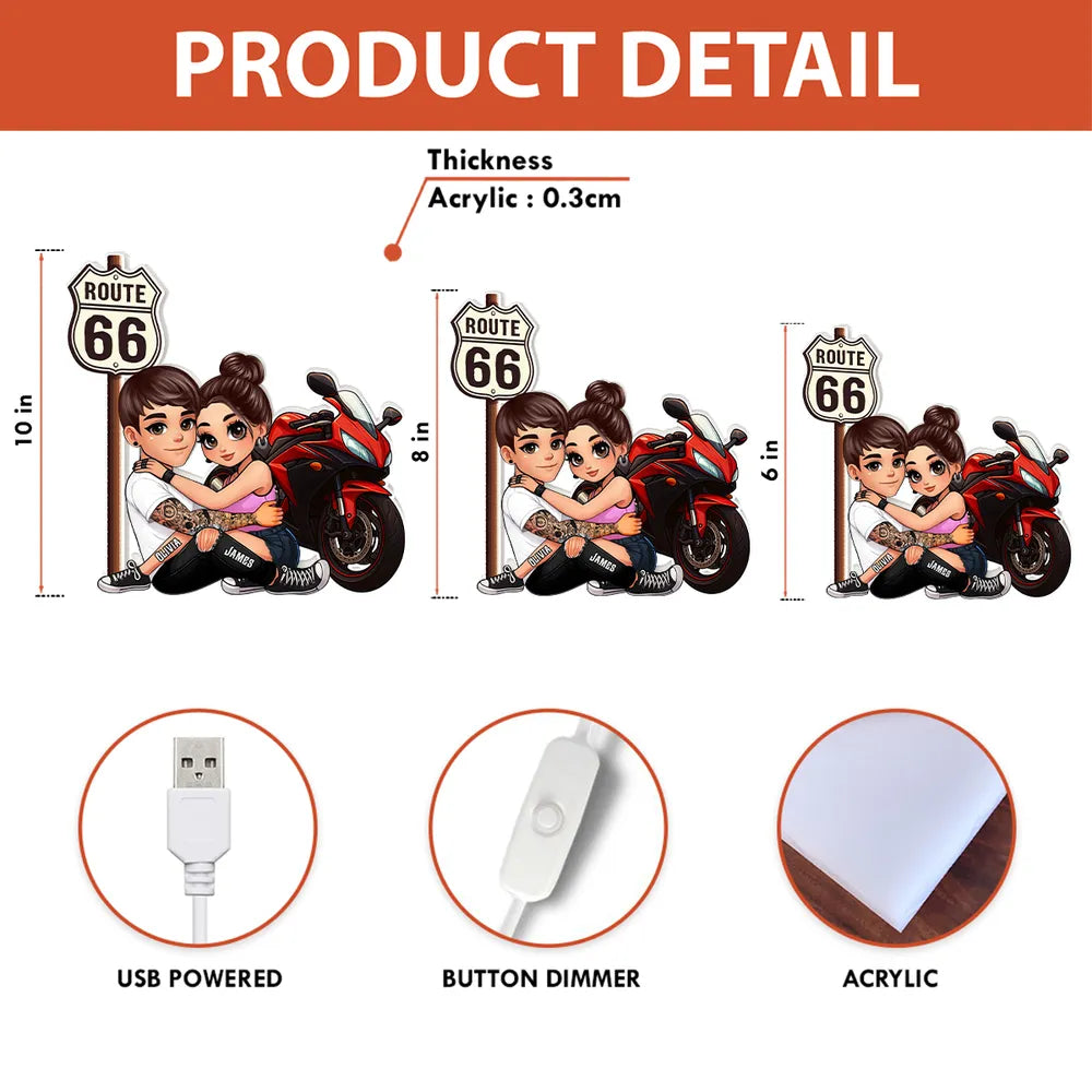 Personalized Route 66 Biker Couple Acrylic Light Box for Bedroom or Shelf Decor, Warm Glow Unique Gift for Him or Her