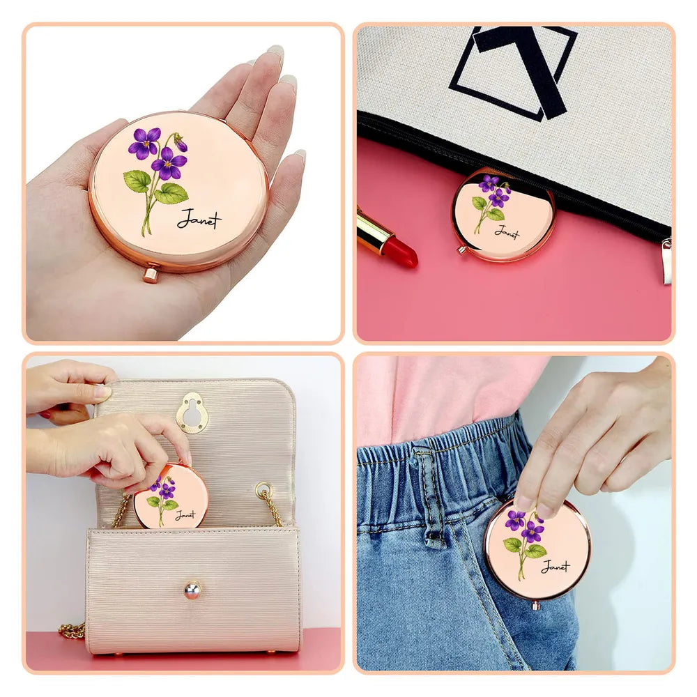 Personalized Metal Compact Mirror with Red Rose Art, Unique Creative Gift for Mom, Sister or Friend