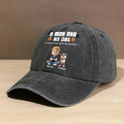 Personalized Washed Denim Baseball Cap, Sitting Man & Dog Cartoon, Unique Gift for Dog Dad
