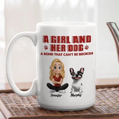 Personalized Ceramic Mug, Girl Sitting Beside Her Dog, Unbreakable Bond Quote, Creative Gift for Dog Lovers