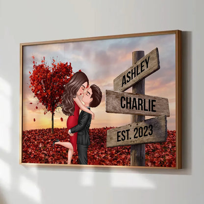 Personalized Couple Kissing Poster, Sunset Autumn Scene Wall Art, Unique Gift for Him or Her