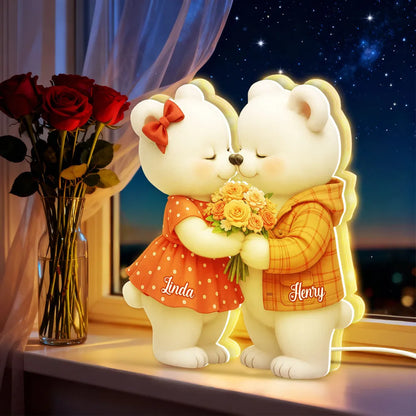 Personalized Acrylic Light Box with Kissing Bear Couple, Soft Warm Glow Romantic Bedroom Lamp, Unique Gift for Couples