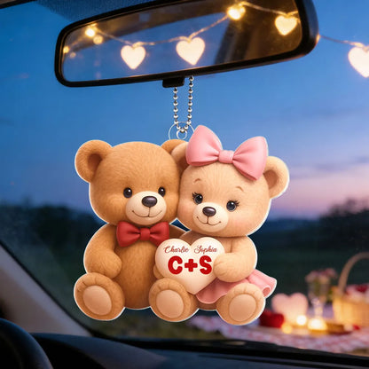 Cute Teddy Bear Couple Acrylic Car Hanger - Personalized Rearview Mirror Decoration, Sweet Anniversary Gift