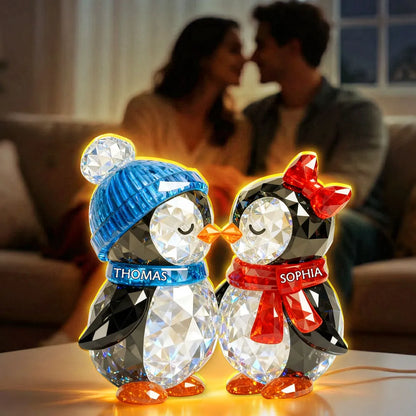 Custom Penguin Couple Acrylic Light Box with Names, Romantic LED Night Light Gift for Couples