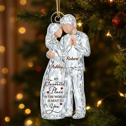 Custom Couple Acrylic Ornament – Sparkling Crystal Look Hugging Lovers, Heartfelt You'll Forever Be My Always Message, Unique Gift for Him or Her