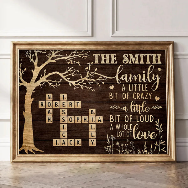 Custom Family Tree Poster with Name Crossword, Warm Wall Art Keepsake, Meaningful Housewarming or Christmas Gift