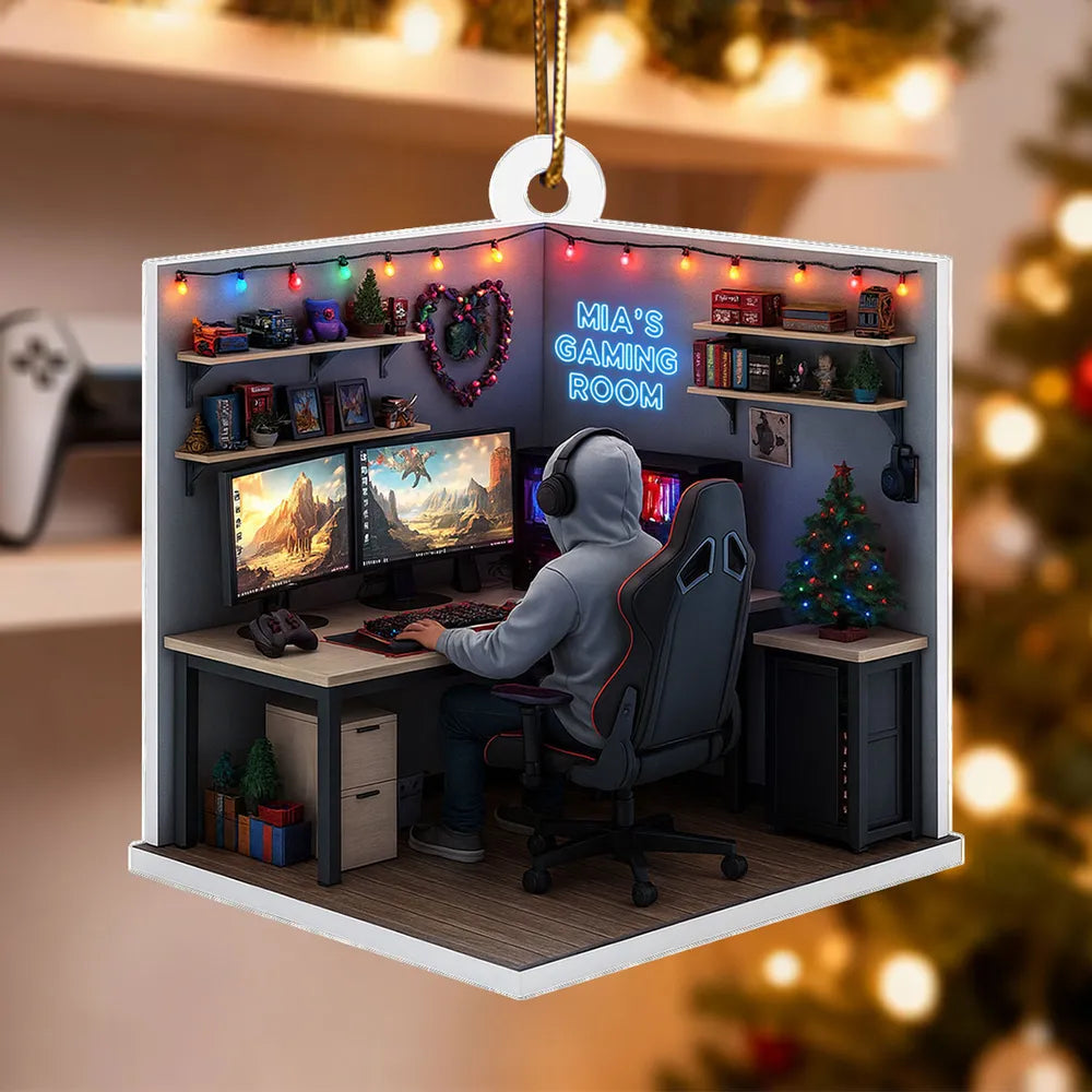 Personalized Acrylic Ornament, Gamer at Dual Monitors in a Festive Gaming Room, Unique Christmas Gift