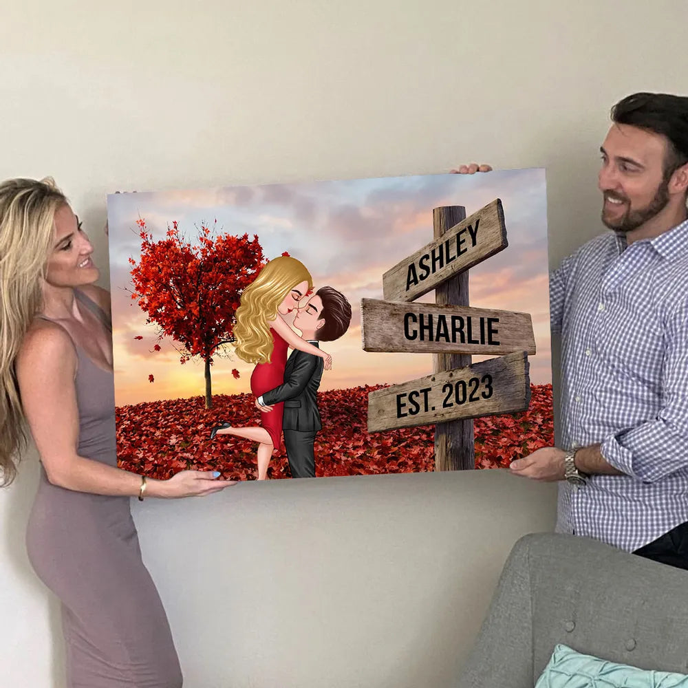 Personalized Couple Kissing Poster, Sunset Autumn Scene Wall Art, Unique Gift for Him or Her