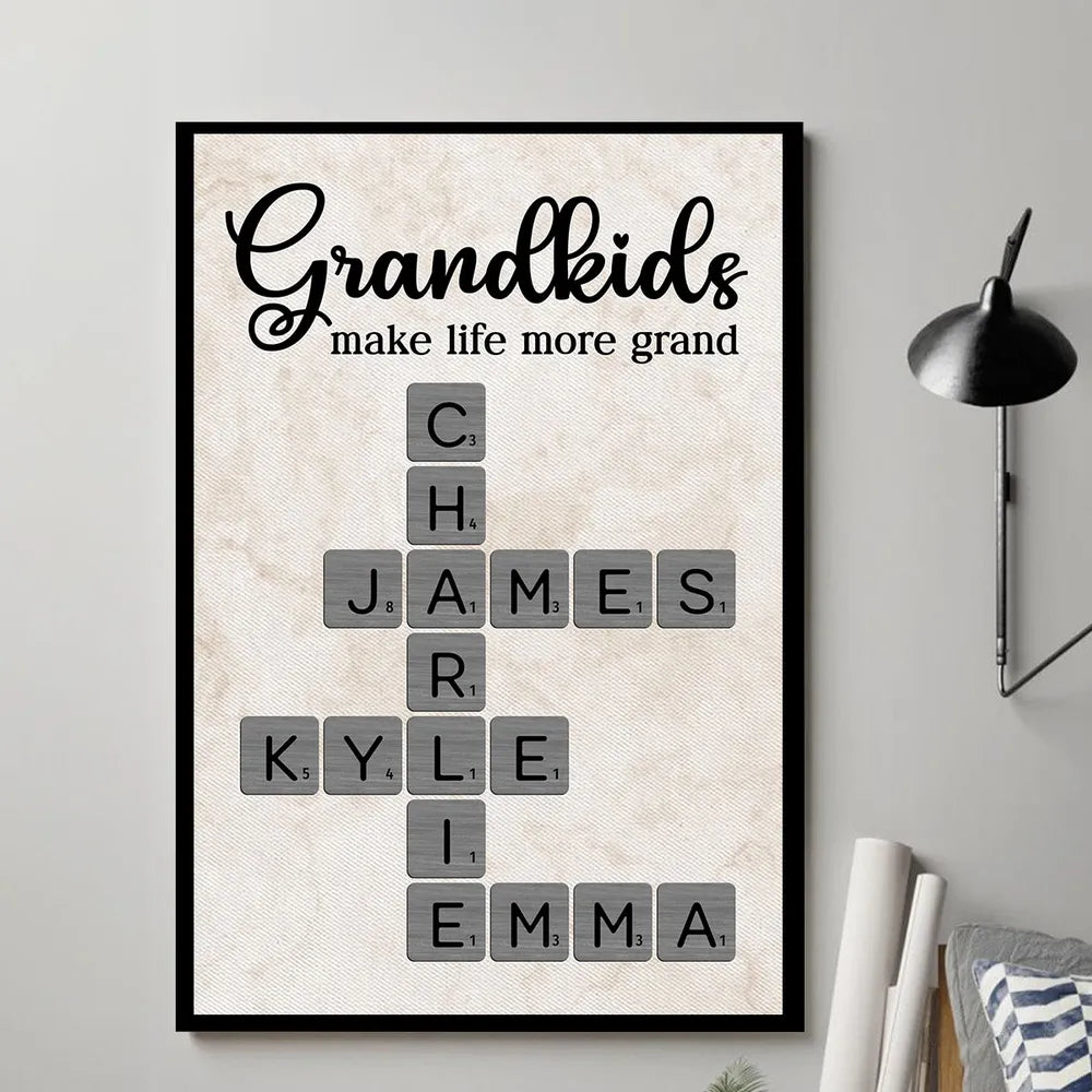 Personalized Grandkids Poster Crossword Art Gift for Grandparents – Custom Names Wall Decor That Makes Life More Grand