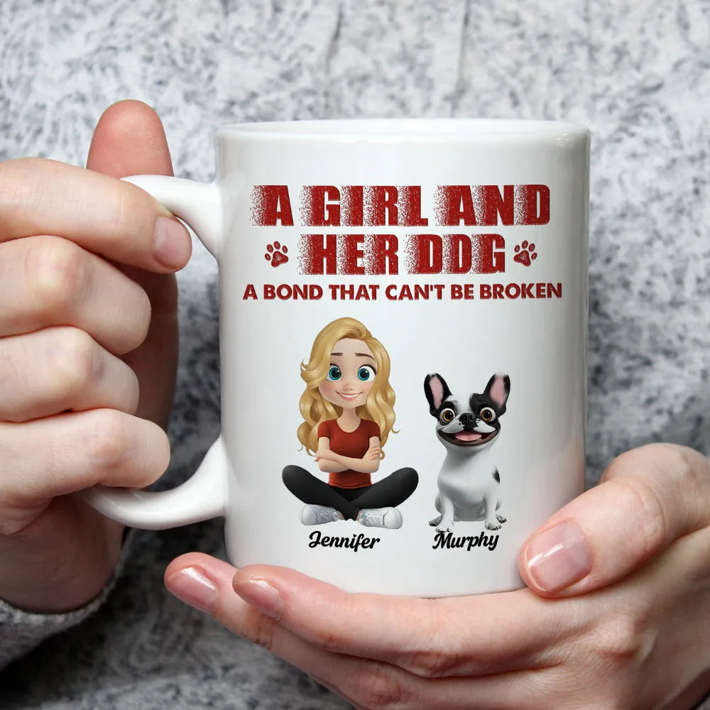 Personalized Ceramic Mug, Girl Sitting Beside Her Dog, Unbreakable Bond Quote, Creative Gift for Dog Lovers