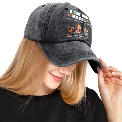 Personalized Washed Denim Baseball Cap, Sitting Man & Dog Cartoon, Unique Gift for Dog Dad