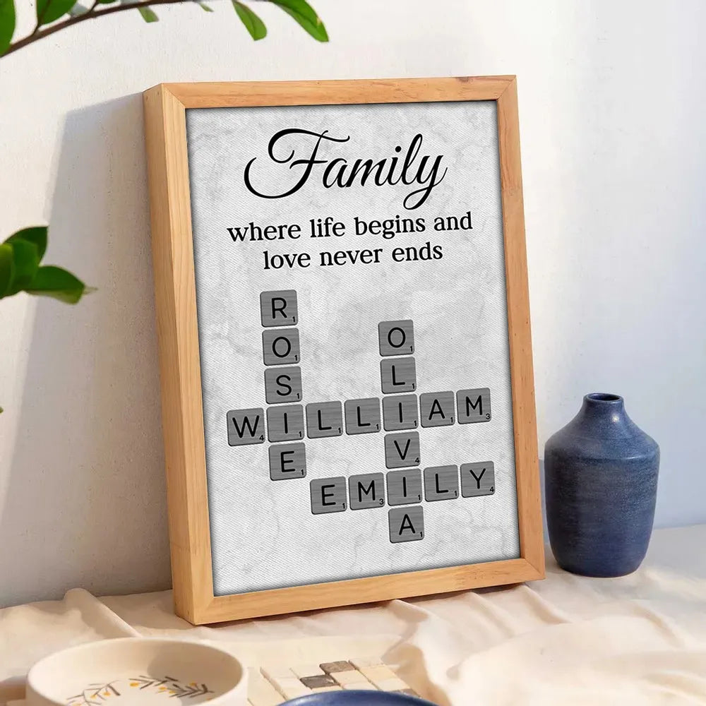 Family Where Life Begins and Love Never Ends Personalized Poster – Custom Crossword Wall Art, Heartfelt Gift for Any Home