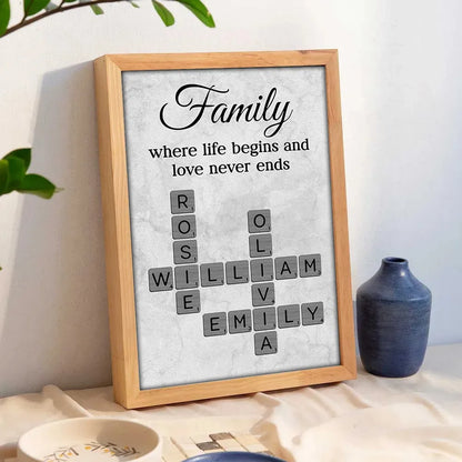 Family Where Life Begins and Love Never Ends Personalized Poster – Custom Crossword Wall Art, Heartfelt Gift for Any Home