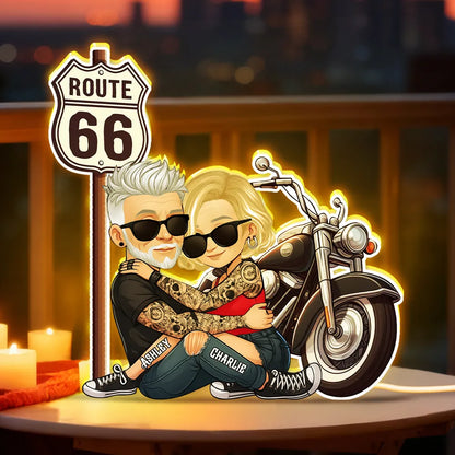 Personalized Route 66 Biker Couple Acrylic Light Box for Bedroom or Shelf Decor, Warm Glow Unique Gift for Him or Her