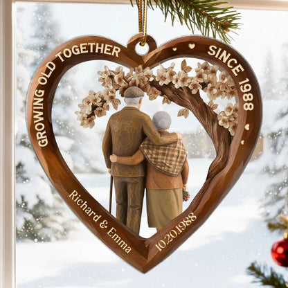 Personalized Heart Acrylic Ornament with Couple Hugging Under Blossoms, Unique Anniversary Gift for Husband or Wife