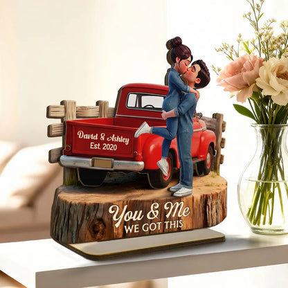 Personalized 2-Layer Wooden Plaque with Kissing Couple in Red Pickup Truck, Farmhouse Decor, Unique Gift for Couples