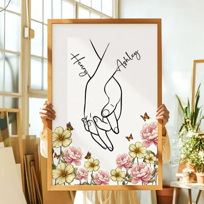 Personalized Couple Hand-Holding Line Art Poster with Floral Butterflies, Modern Minimal Wall Decor, Unique Gift for Him or Her