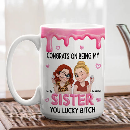 Personalized Sister Ceramic Mug with Funny Congrats Quote, Cute Cartoon Toast Design, Unique Gift for Your Sister