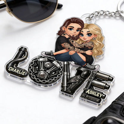 Personalized Biker Couple Acrylic Keychain Cute Cartoon Hugging Riders Cool Accessory Unique Gift for Him or Her