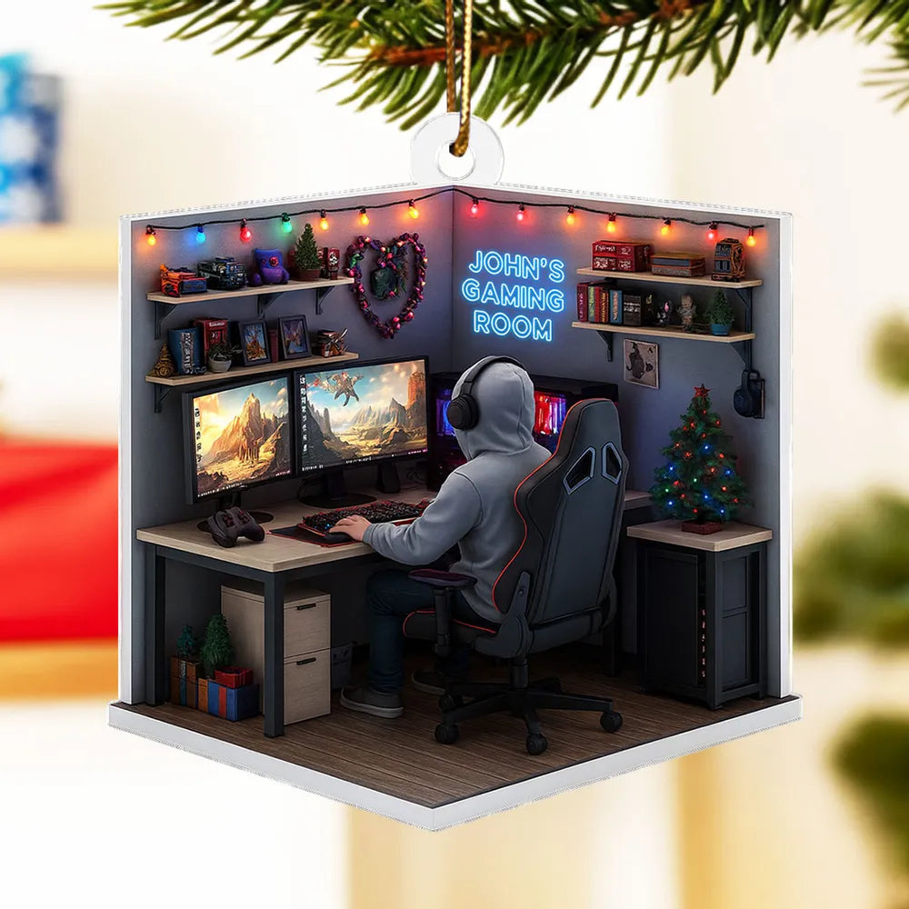 Personalized Acrylic Ornament, Gamer at Dual Monitors in a Festive Gaming Room, Unique Christmas Gift