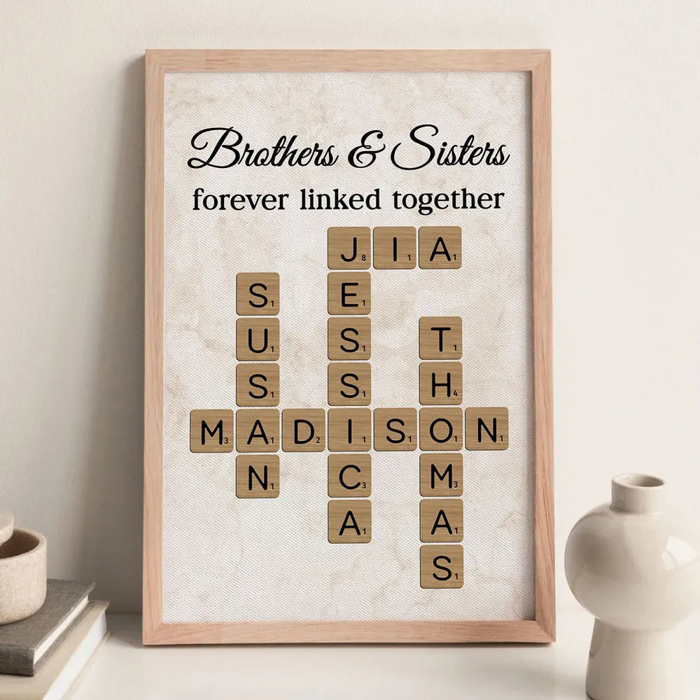 Personalized Poster with Brothers & Sisters Linked Crossword Art, Unique Gift for Siblings and Family