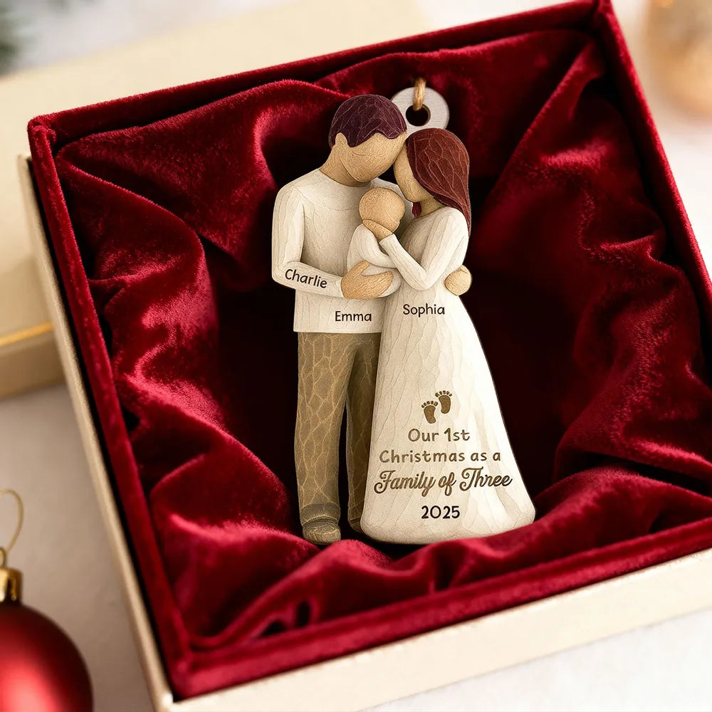 Custom Family of Three Wooden Ornament – New Baby Christmas Keepsake for Proud Parents, Unique Holiday Gift