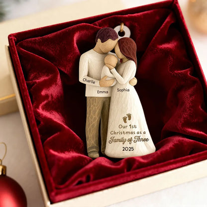 Custom Family of Three Wooden Ornament – New Baby Christmas Keepsake for Proud Parents, Unique Holiday Gift