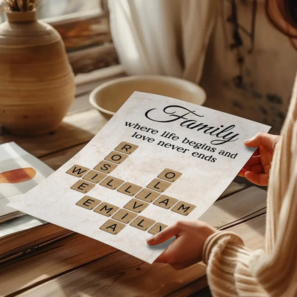 Family Where Life Begins and Love Never Ends Personalized Poster – Custom Crossword Wall Art, Heartfelt Gift for Any Home