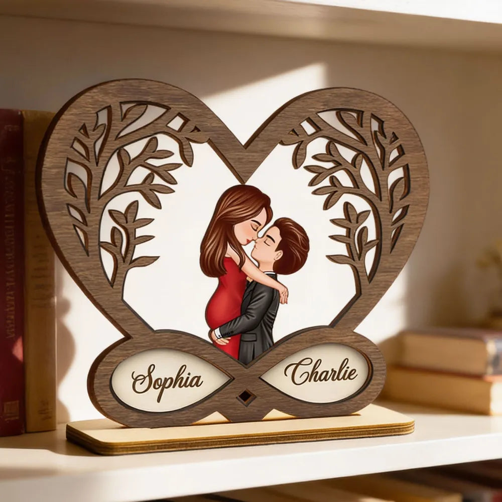 Personalized 2-Layer Wooden Plaque Kissing Couple in Infinity Heart for Bedroom Decor Unique Romantic Gift for Couples