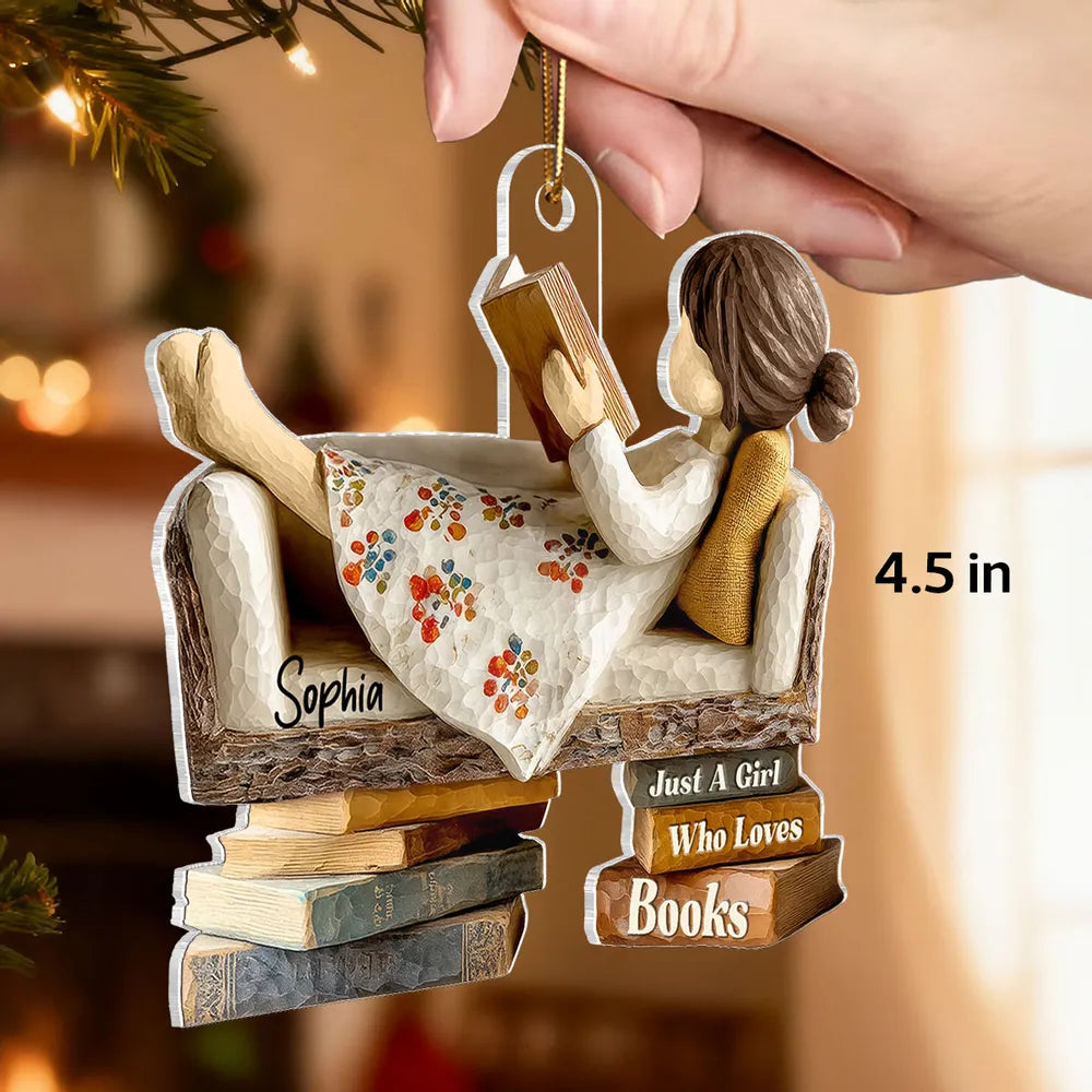 Personalized Acrylic Ornament for Book Lovers, cozy sofa reading scene, unique Christmas gift for Daughter or Friend
