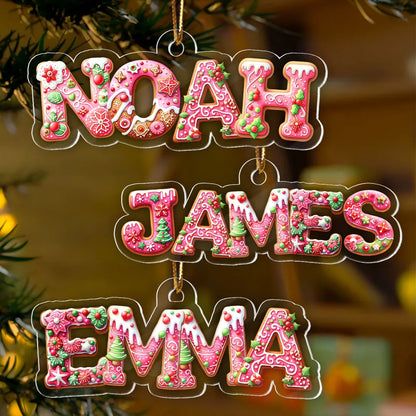 Custom Name Acrylic Ornament with Pink Gingerbread Letters – Festive Christmas Ornament & Creative Kids Gift