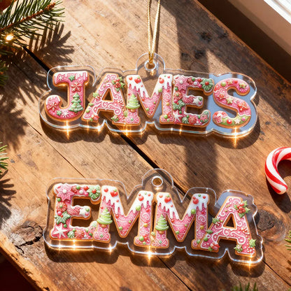 Custom Name Acrylic Ornament with Pink Gingerbread Letters – Festive Christmas Ornament & Creative Kids Gift