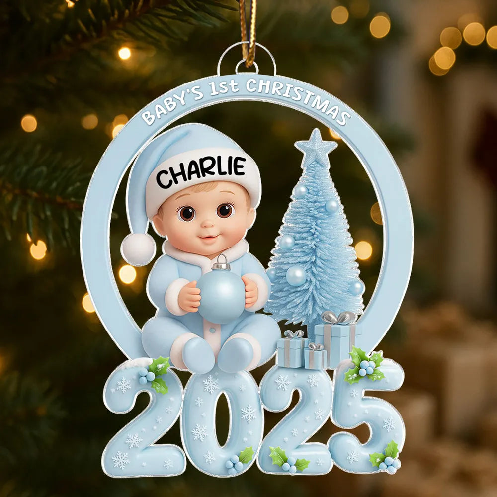 Personalized Baby First Christmas Acrylic Ornament with Pink Tree – Custom Keepsake Acrylic Ornament for Newborn – Unique Holiday Gift for New Parents