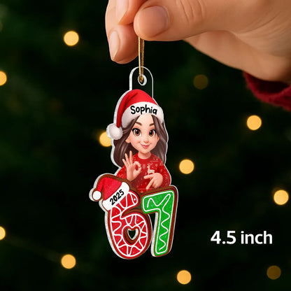 Personalized Acrylic Ornament with Cute Teen Six Seven Gesture – Gingerbread Number Christmas Decor & Unique Grandkid Gift