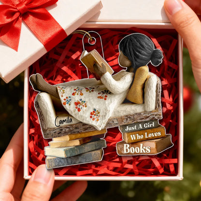Personalized Acrylic Ornament for Book Lovers, cozy sofa reading scene, unique Christmas gift for Daughter or Friend