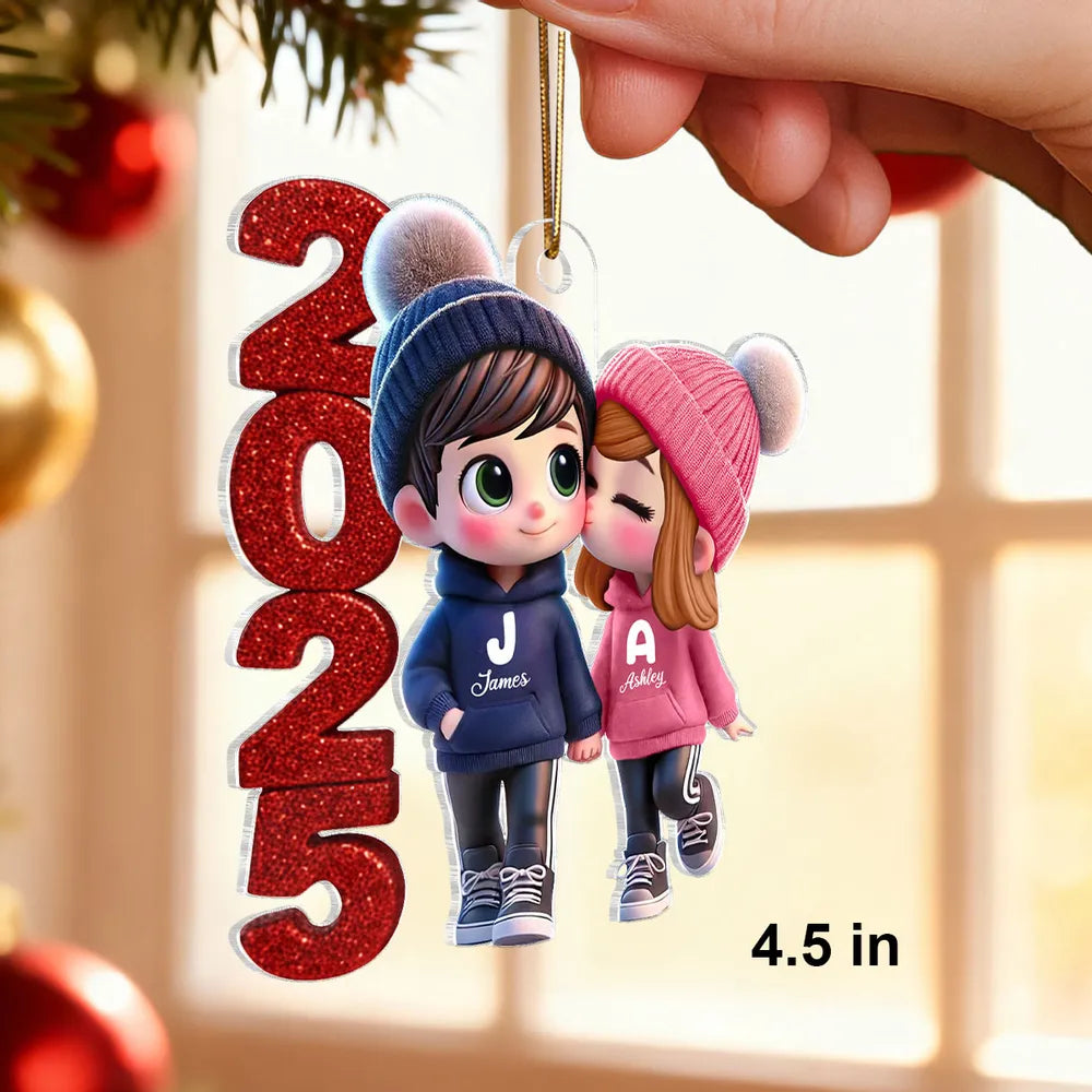 Acrylic Ornament - Cute Couple Kiss, winter hats, Christmas tree decor, romantic keepsake, unique gift for couples
