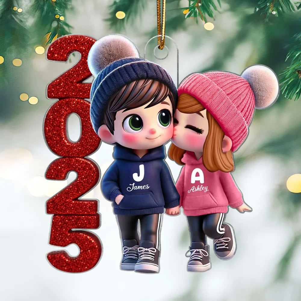 Acrylic Ornament - Cute Couple Kiss, winter hats, Christmas tree decor, romantic keepsake, unique gift for couples