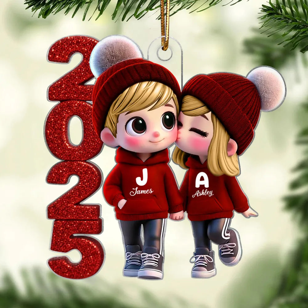 Acrylic Ornament - Cute Couple Kiss, winter hats, Christmas tree decor, romantic keepsake, unique gift for couples