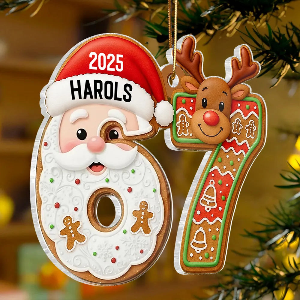 Custom Teen 6 7 Acrylic Ornament with Santa Claus & Reindeer, Funny Gen Z Christmas Tree Keepsake, Unique Gift for Kids