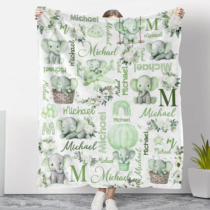 Custom Name Baby Fleece Blanket with Cute Pink Elephant Illustrations, Lightweight Cozy Throw, Adorable Personalized Gift
